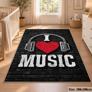 Music Headphones Typography area rug displayed in a nursery