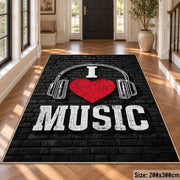 Music Headphones Typography area rug displayed in a foyer