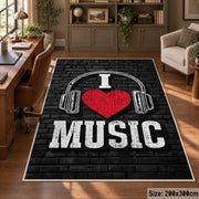 Music Headphones Typography area rug displayed in a home office