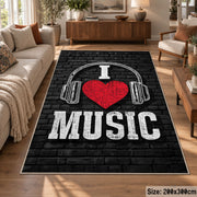 Music Headphones Typography area rug displayed in a lounge
