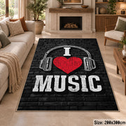 Music Headphones Typography area rug displayed in a sitting room