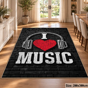 Music Headphones Typography area rug displayed in a dining room