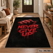 Never Give Up Fist area rug displayed in a entryway