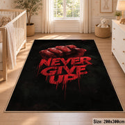 Never Give Up Fist area rug displayed in a nursery