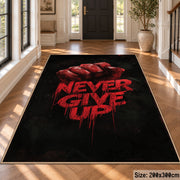 Never Give Up Fist area rug displayed in a foyer