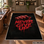 Never Give Up Fist area rug displayed in a home office
