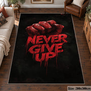 Never Give Up Fist area rug displayed in a living room