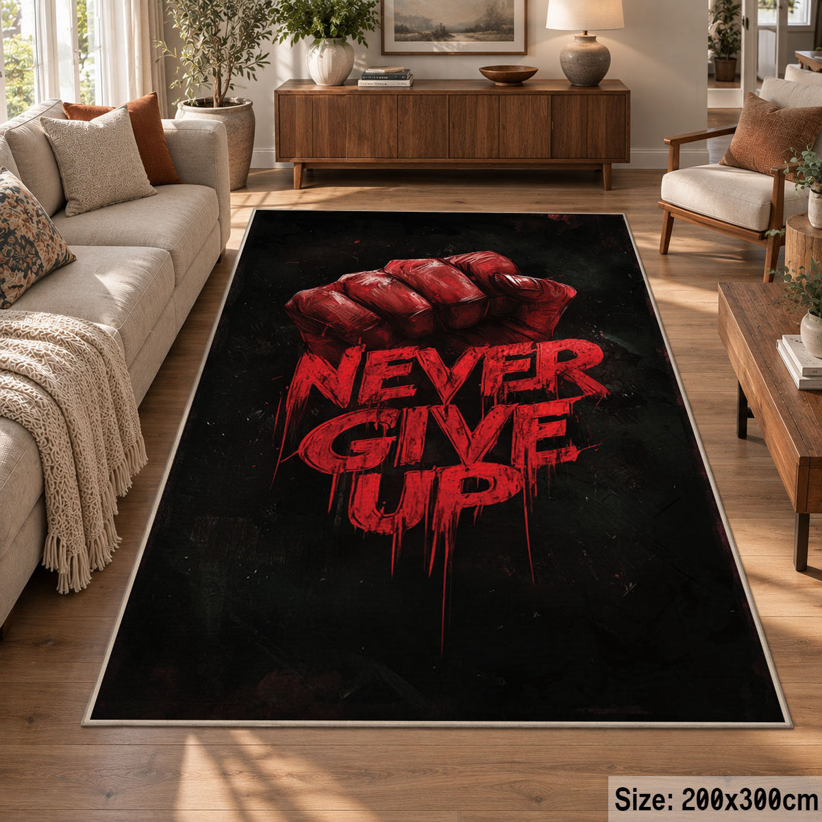 Never Give Up Fist area rug displayed in a lounge