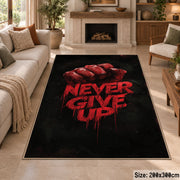 Never Give Up Fist area rug displayed in a sitting room