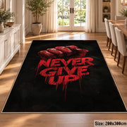 Never Give Up Fist area rug displayed in a dining room
