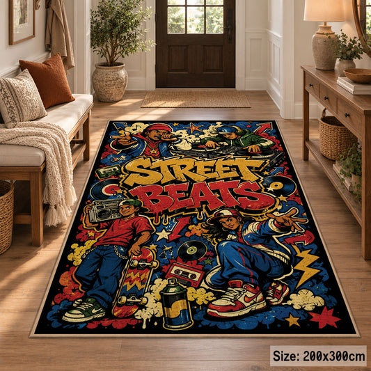 Graffiti Street Sound area rug displayed in a entryway