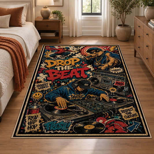 Street Music Collage area rug displayed in a bedroom