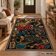 Street Music Collage area rug displayed in a entryway