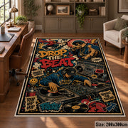 Street Music Collage area rug displayed in a home office