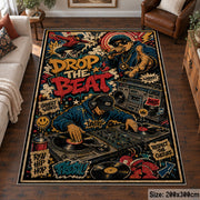 Street Music Collage area rug displayed in a living room