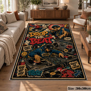 Street Music Collage area rug displayed in a lounge
