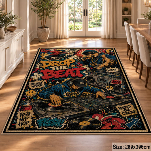 Street Music Collage area rug displayed in a dining room