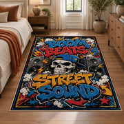 Street Sound Graffiti area rug displayed in a bedroom