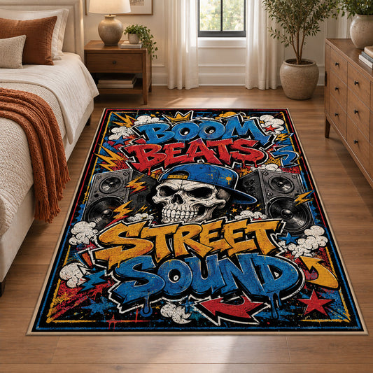 Street Sound Graffiti area rug displayed in a bedroom