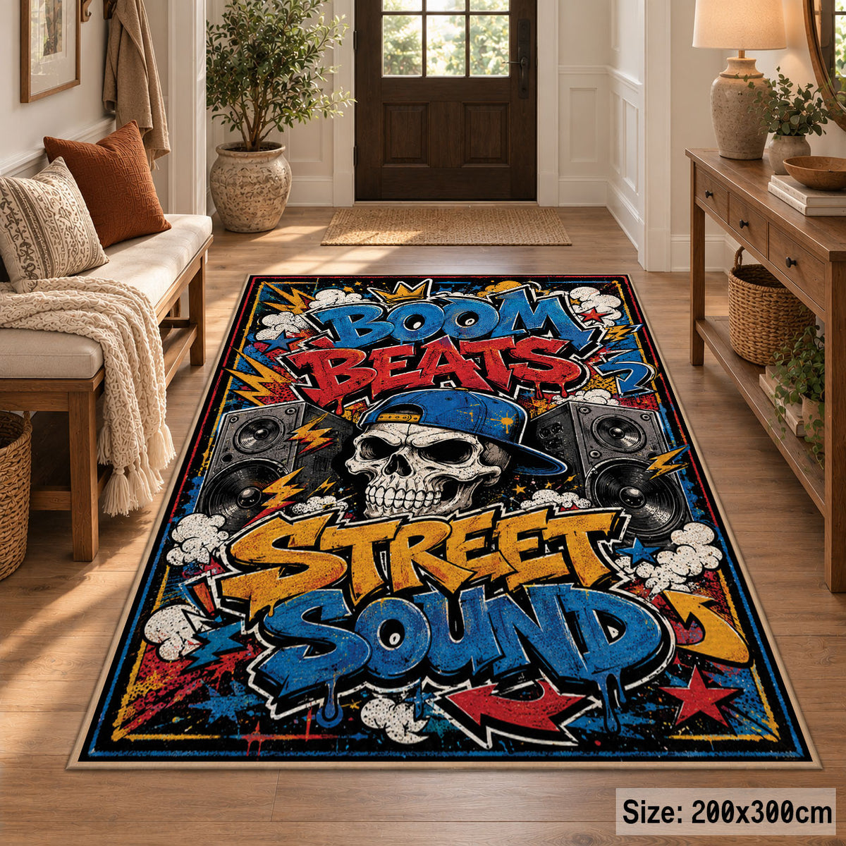 Street Sound Graffiti area rug displayed in a entryway