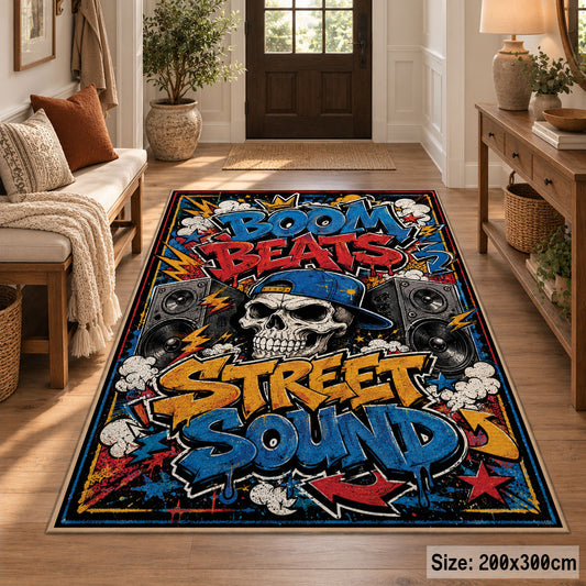 Street Sound Graffiti area rug displayed in a entryway