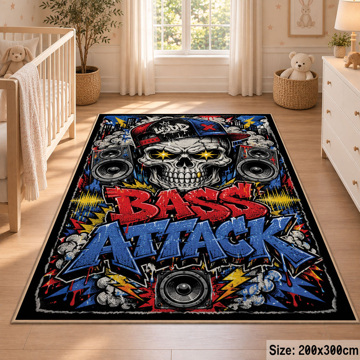 Boom Box Street Art area rug displayed in a nursery