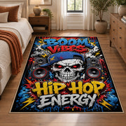 Hip Hop Energy area rug displayed in a bedroom