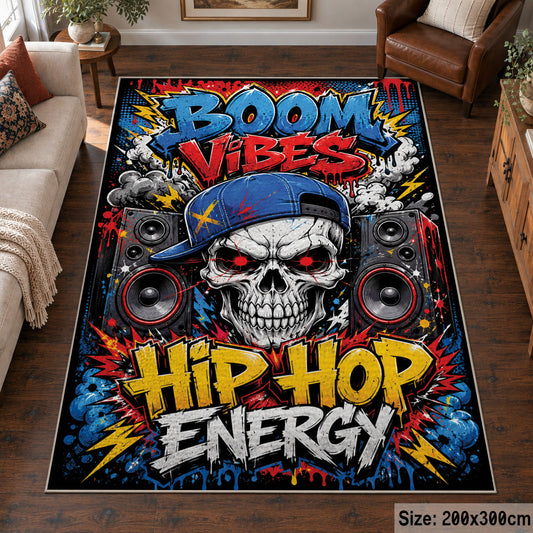 Hip Hop Energy area rug displayed in a living room