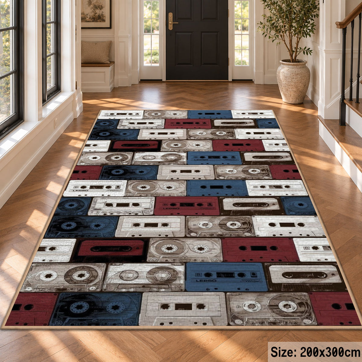 Retro Cassette Collection area rug displayed in a foyer