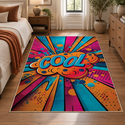 Colorful Comic Burst area rug displayed in a bedroom