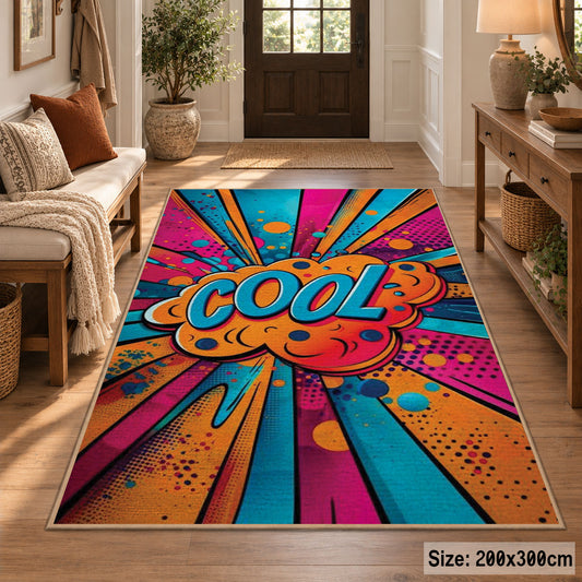 Colorful Comic Burst area rug displayed in a entryway