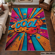 Colorful Comic Burst area rug displayed in a living room