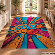 Colorful Comic Burst area rug displayed in a dining room