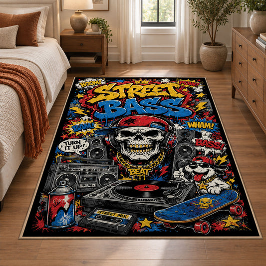 Street Art Boom Box area rug displayed in a bedroom