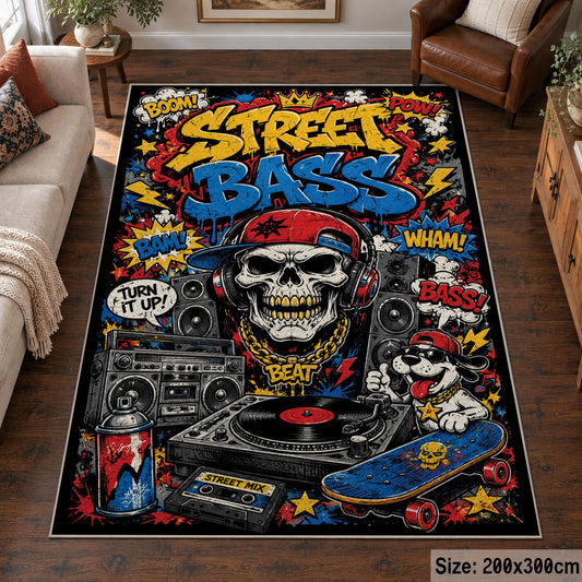 Street Art Boom Box area rug displayed in a living room