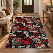 Urban Graffiti Collage area rug displayed in a entryway