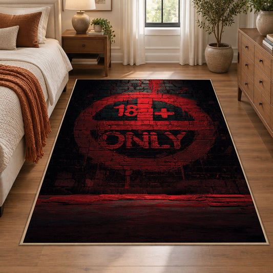 Dark Typographic Circle area rug displayed in a bedroom