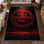 Dark Typographic Circle area rug displayed in a living room