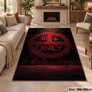 Dark Typographic Circle area rug displayed in a sitting room