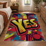 Comic Yes Graphic area rug displayed in a bedroom