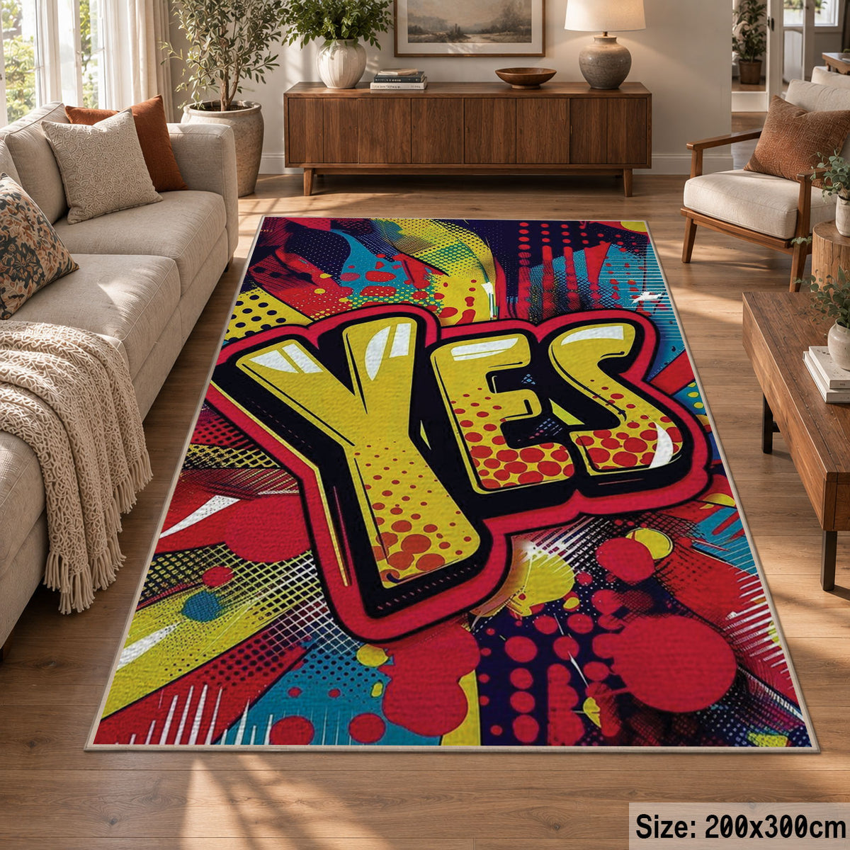 Comic Yes Graphic area rug displayed in a lounge