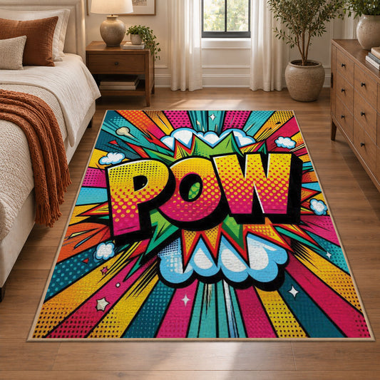 Comic Pow Burst area rug displayed in a bedroom