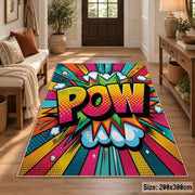 Comic Pow Burst area rug displayed in a entryway