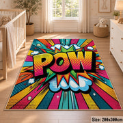Comic Pow Burst area rug displayed in a nursery