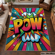 Comic Pow Burst area rug displayed in a living room