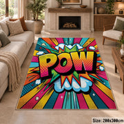 Comic Pow Burst area rug displayed in a sitting room