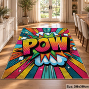 Comic Pow Burst area rug displayed in a dining room