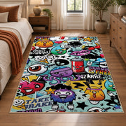 Comic Speech Bubble Collage area rug displayed in a bedroom