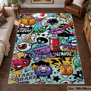 Comic Speech Bubble Collage area rug displayed in a living room