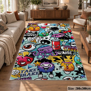 Comic Speech Bubble Collage area rug displayed in a lounge